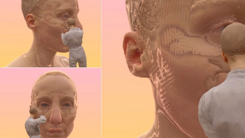 3D digital render of a large face and a person moulding it