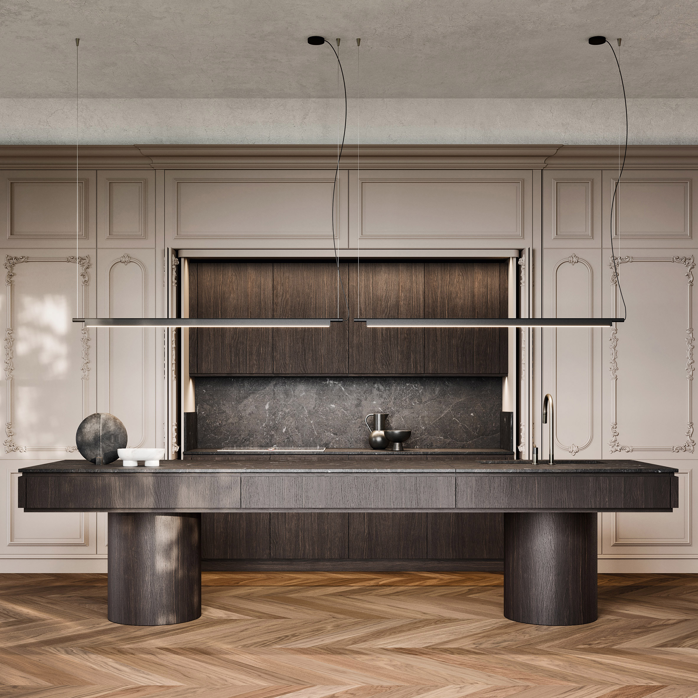 Floral Botanica panelling in a kitchen with a large kitchen island