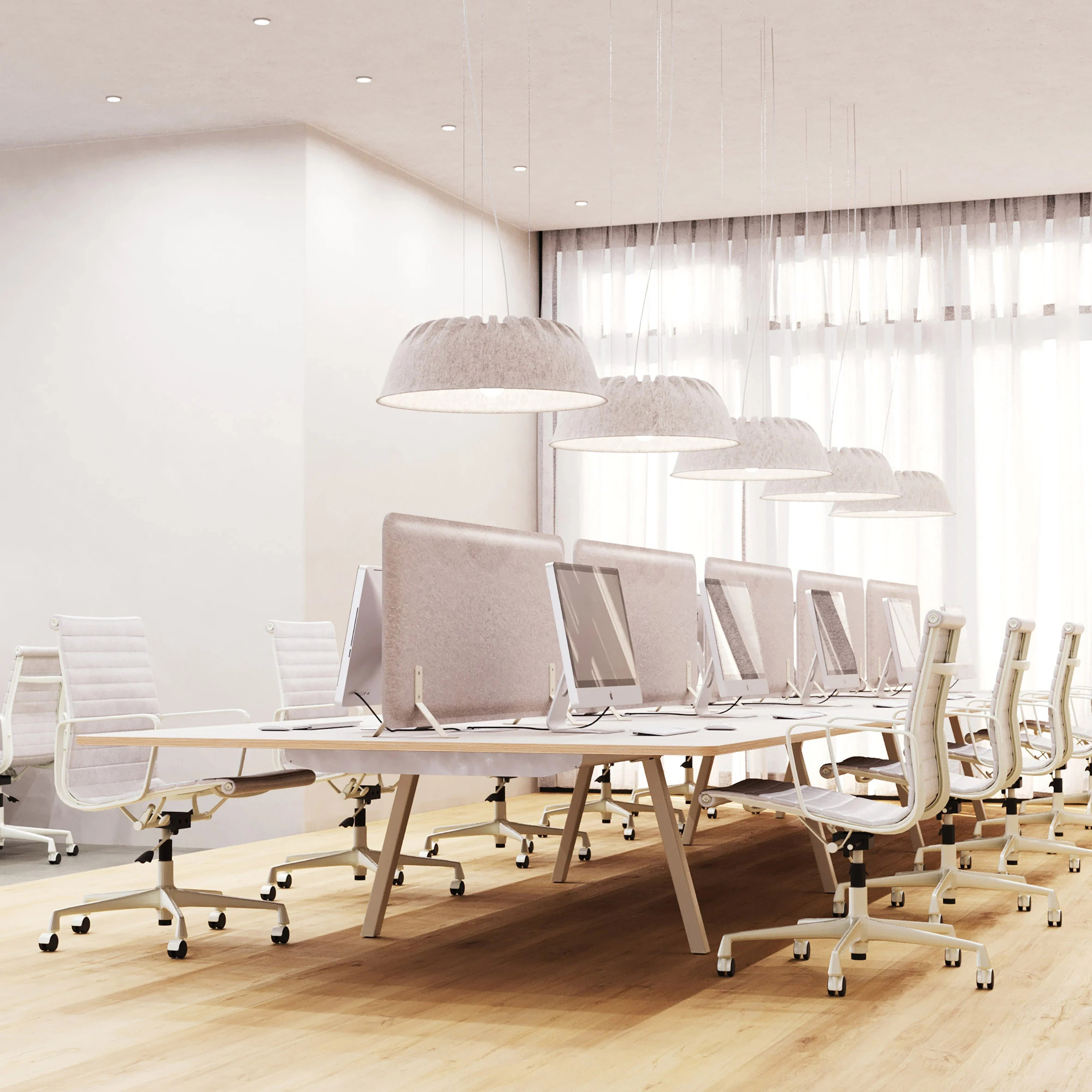 White Fost Bulb pendant lamps over a long office desk