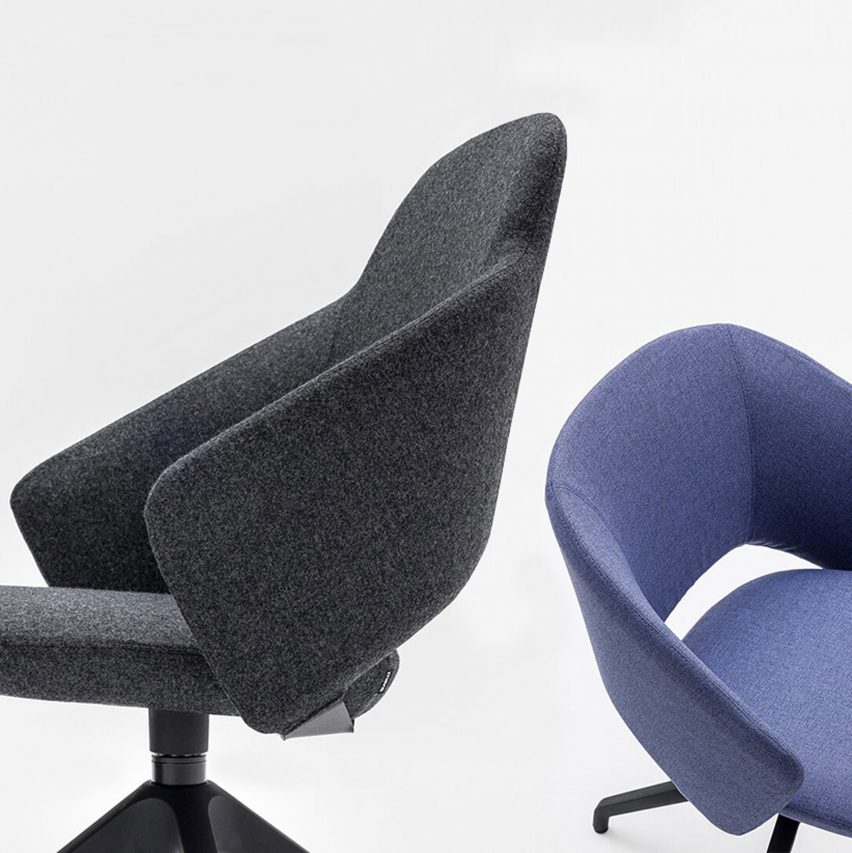 Two Icon chairs by Mara in black and blue upholstery