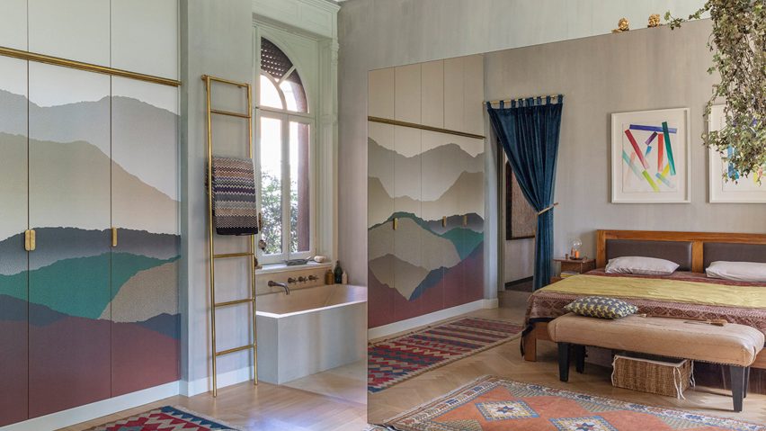 Bedroom in 02a's Casa del Diplomatico in Rome as seen through a smokey mirror