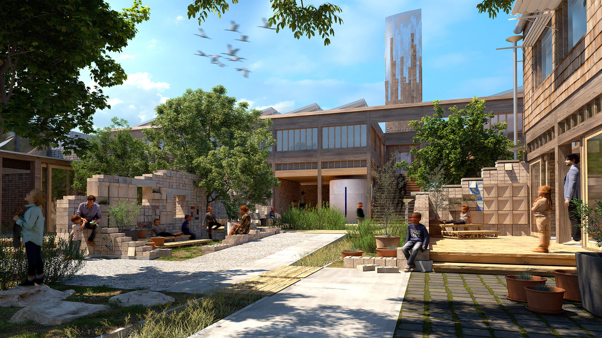 Render of a paved outdoor space with surrounding buildings by a student at Drexel University