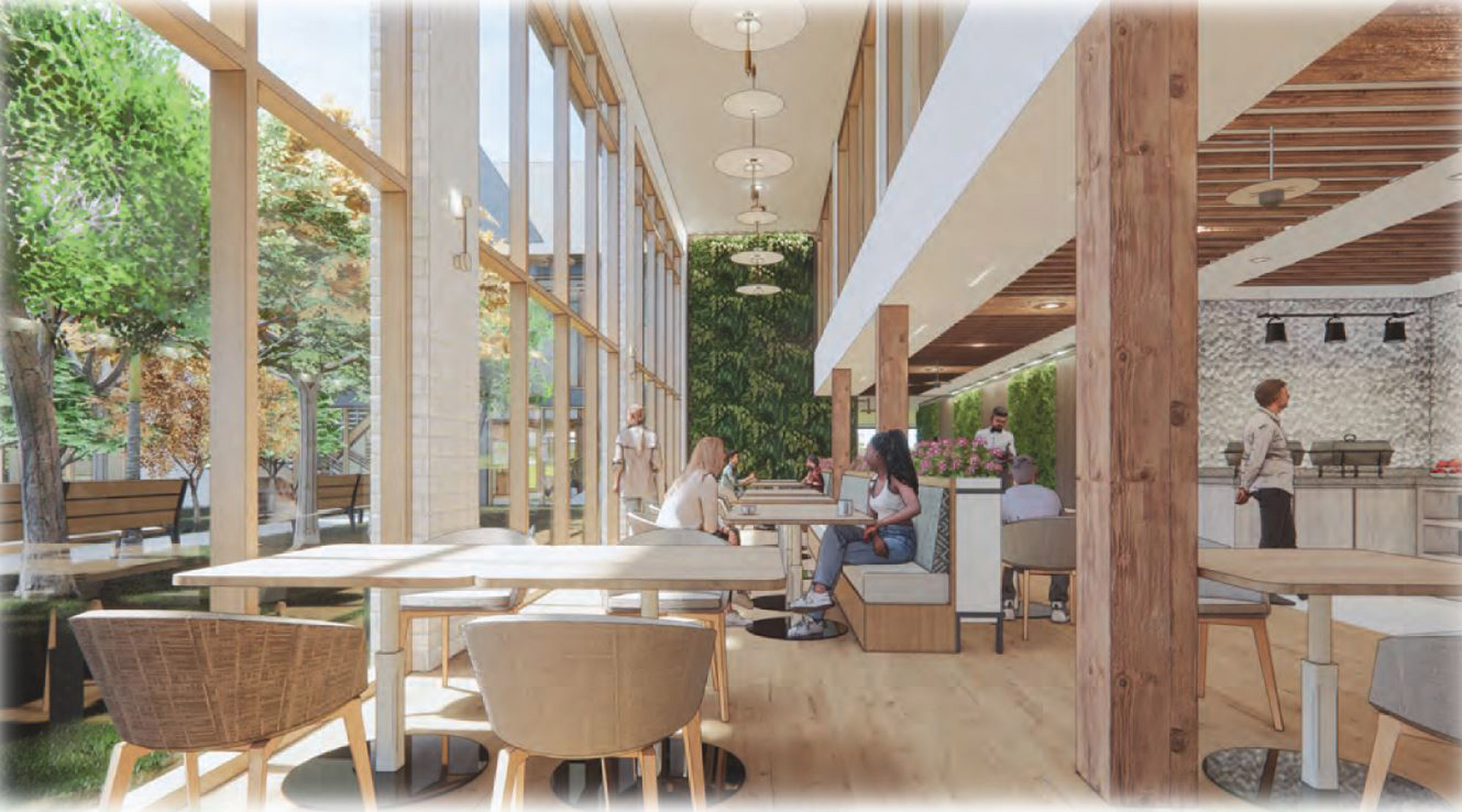 Interior render of a timber dining area by student at Drexel University
