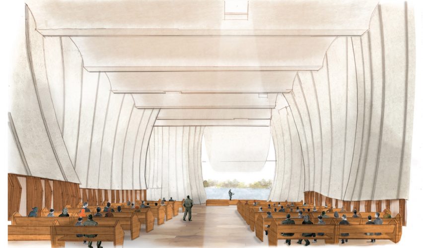 Sketch perspective drawing of an interior religious space with a large window at the altar