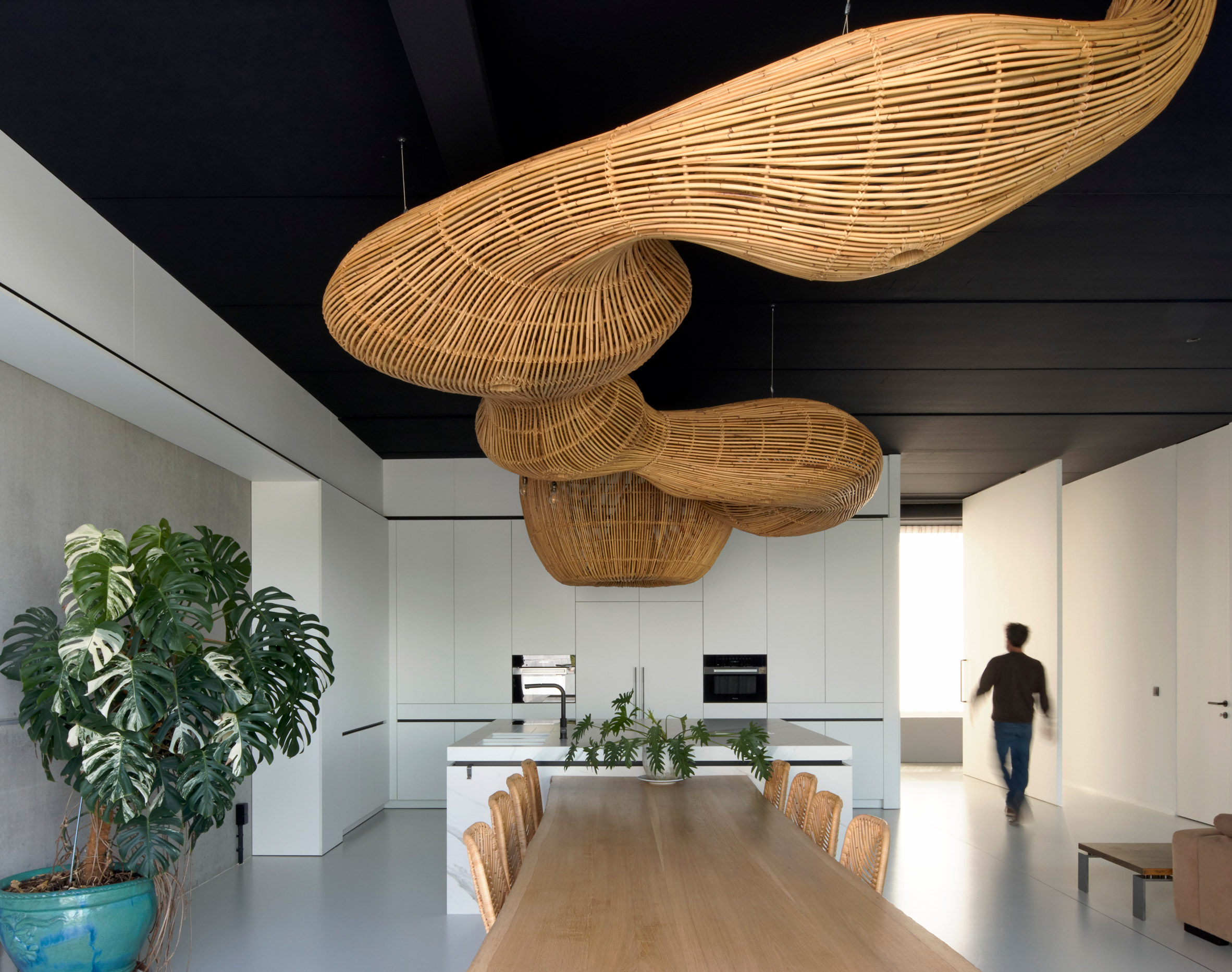 Office interior with rattan ceiling sculpture