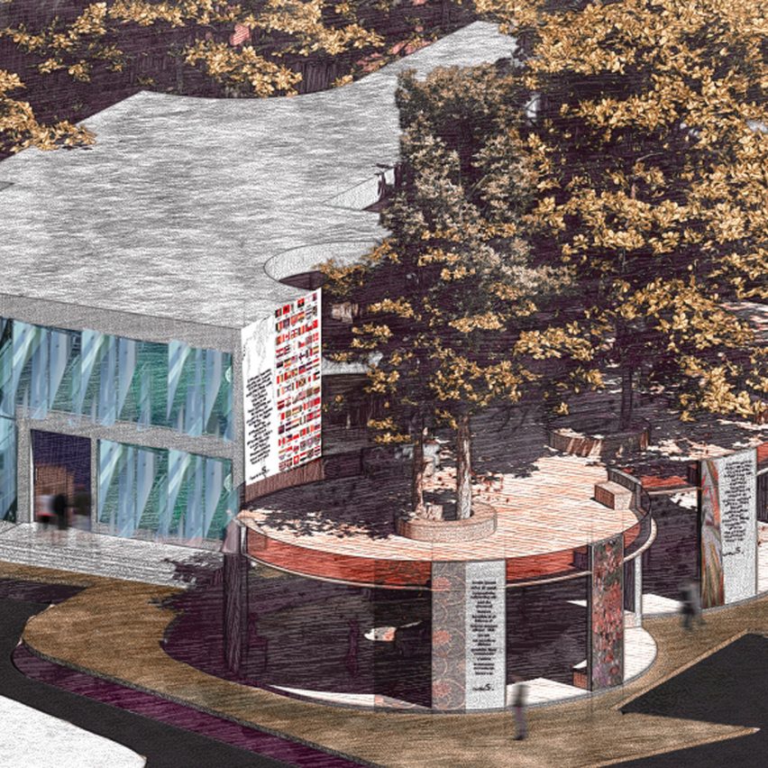 An illustration of a building with trees surrounding it that aims to promotes interculturality at urban, neighbourhood and architectural scales.