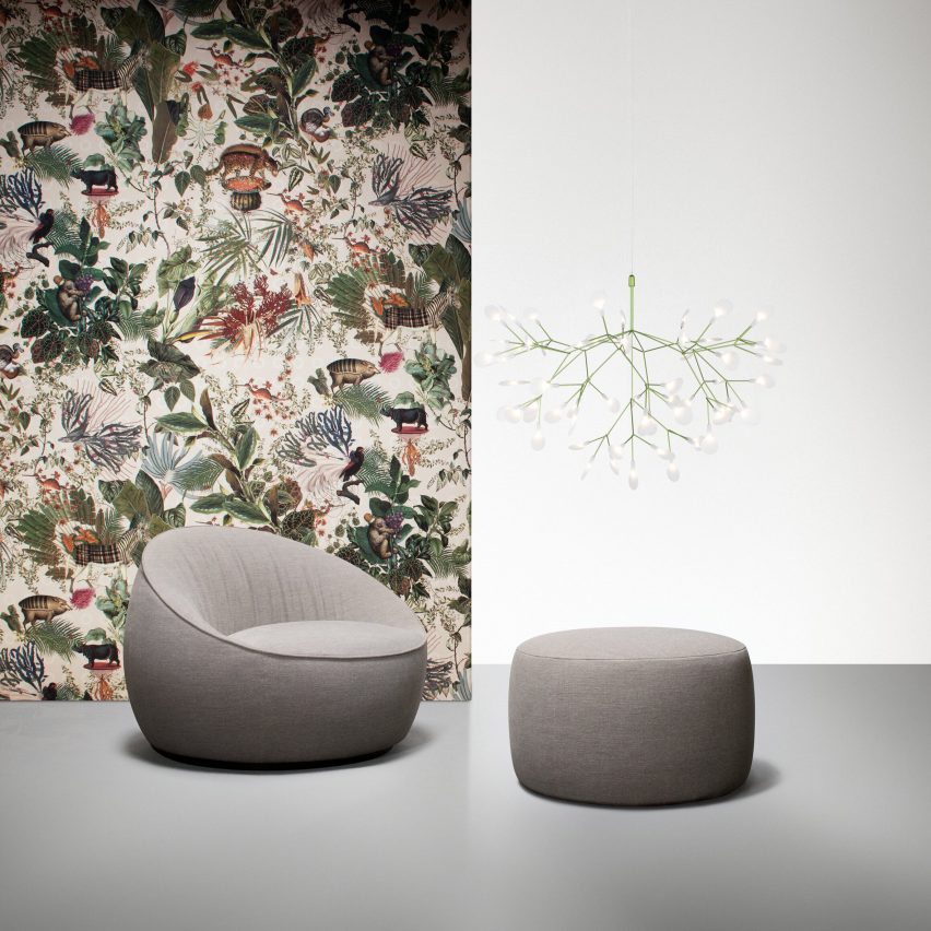 Heracleum III light by Moooi with a grey chair and ottoman