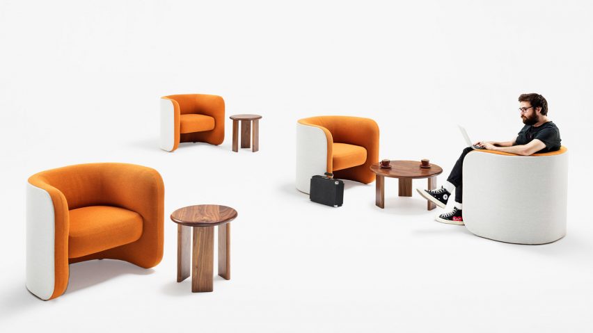 Four Biggie chairs by Derlot holstered ini orange and white upholstery with side tables