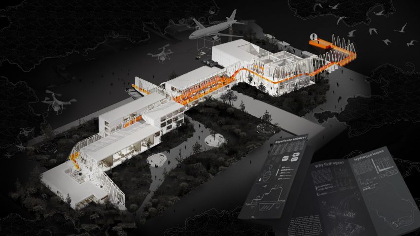 3D view of airport building with dark background and white/orange detail