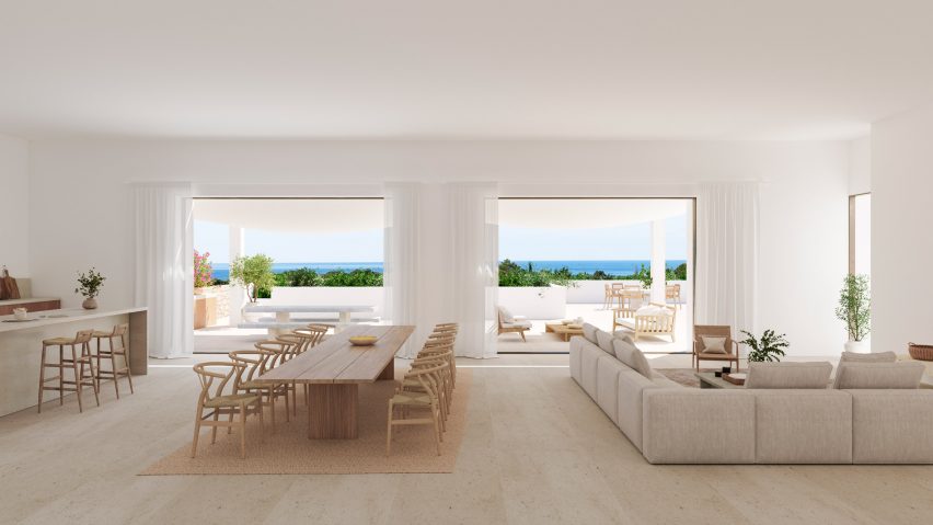 Interior render of a villa by John Pawson for Sabina Ibiza