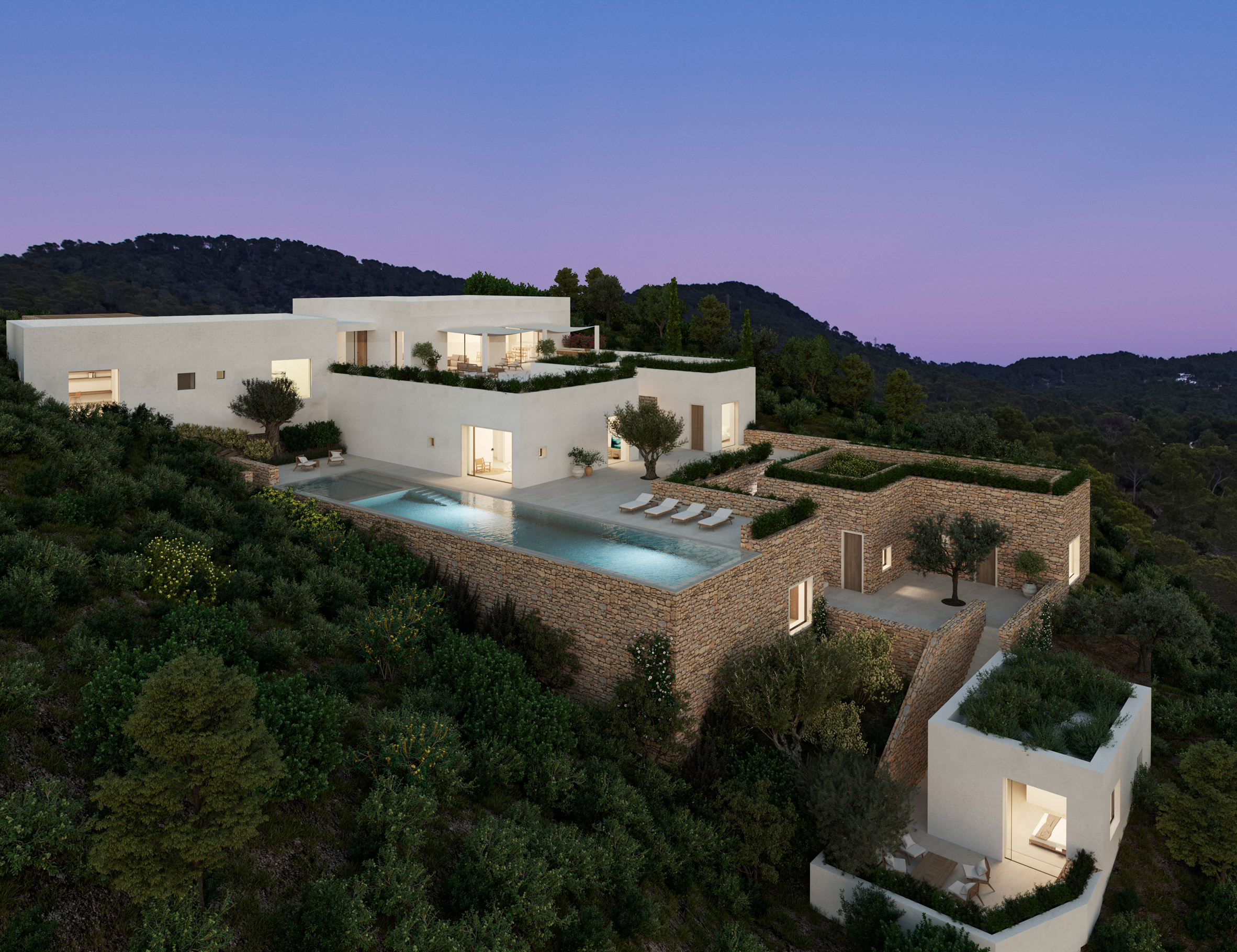 Render of a hilltop villa by John Pawson for Sabina Ibiza