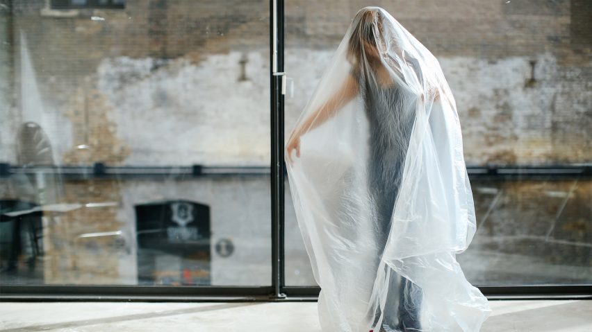 MA Performance Design and Practice Central Saint Martins student under a transparent fabric