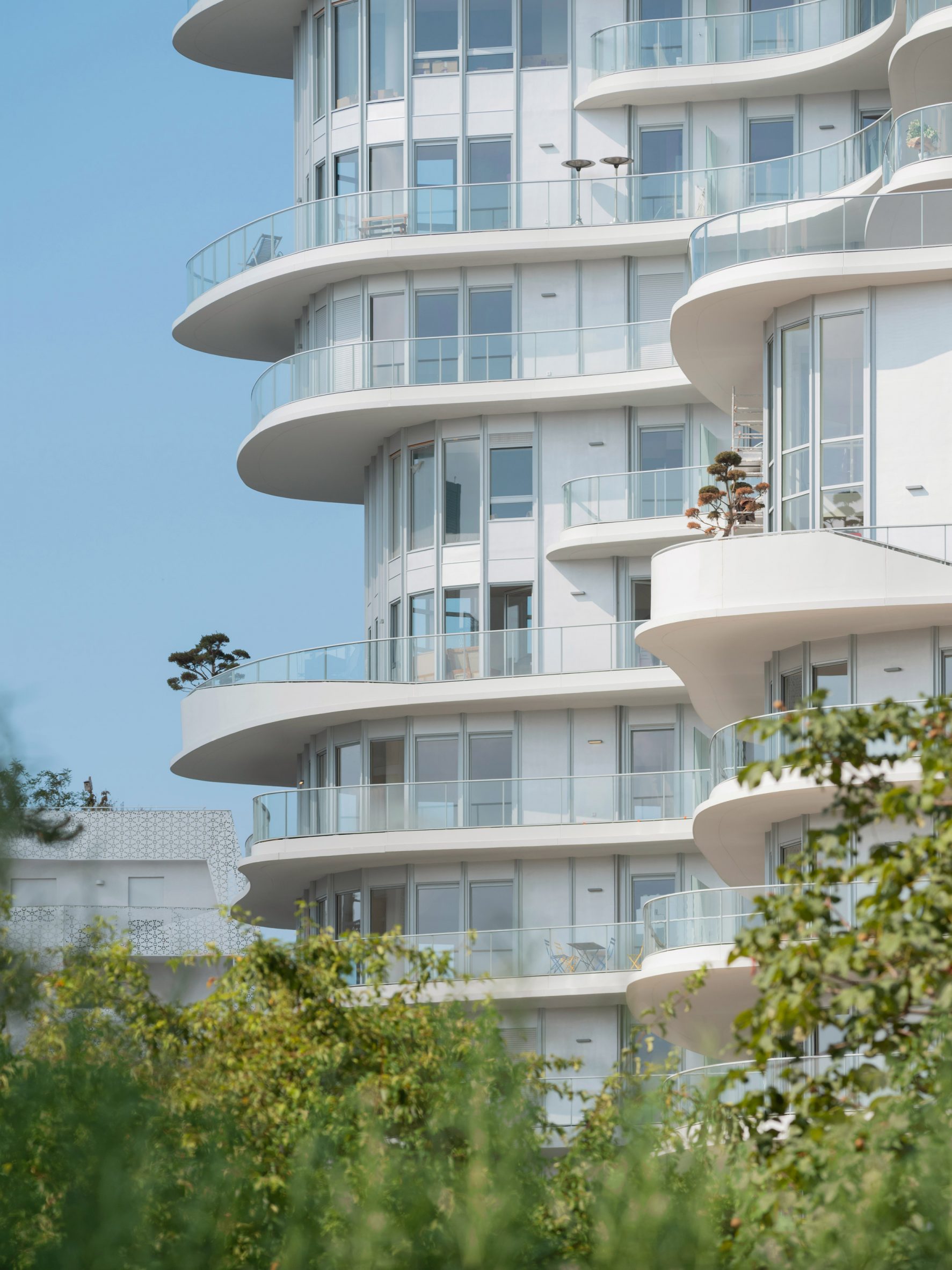 Curved white balconies on Paris housing