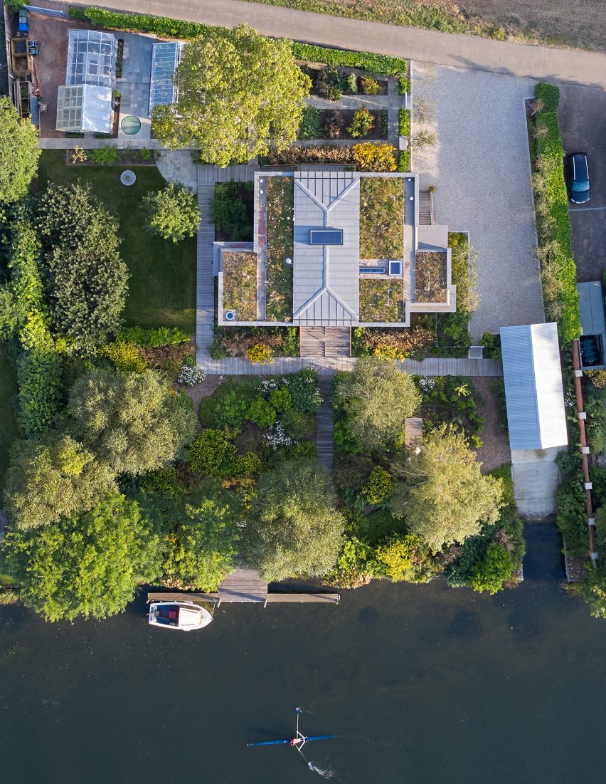 Aerial view of home on banks of River Thames