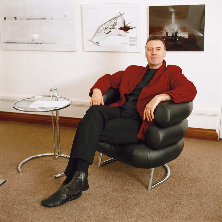 Architect Marco Goldschmied sat in a leather chair