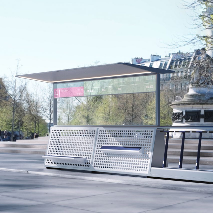 A sleek bus shelter in Paris with e-scooters slotted into the frame of the shelter
