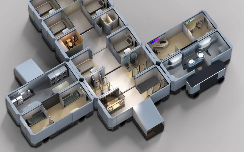 Aerial view of multiple modular vehicles connected to form pop-up hospital