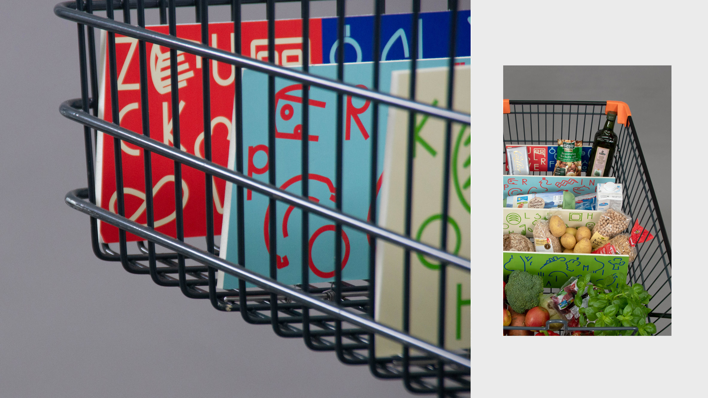 Colourful shopping cart divider by student at Lucerne University of Applied Sciences and Arts