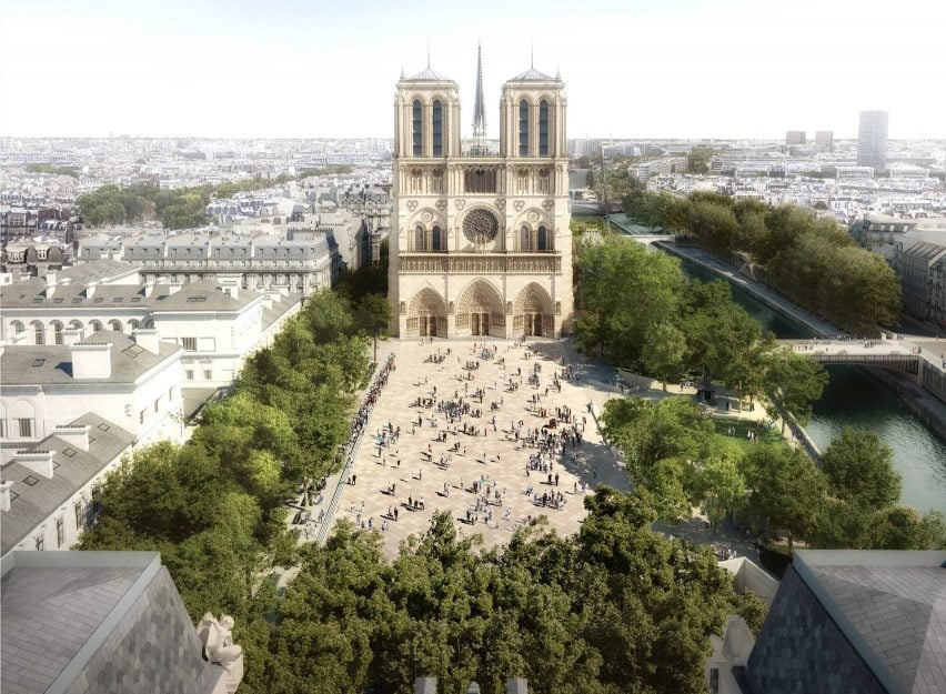 Render of Notre-Dame Cathedral square with enhanced greenery