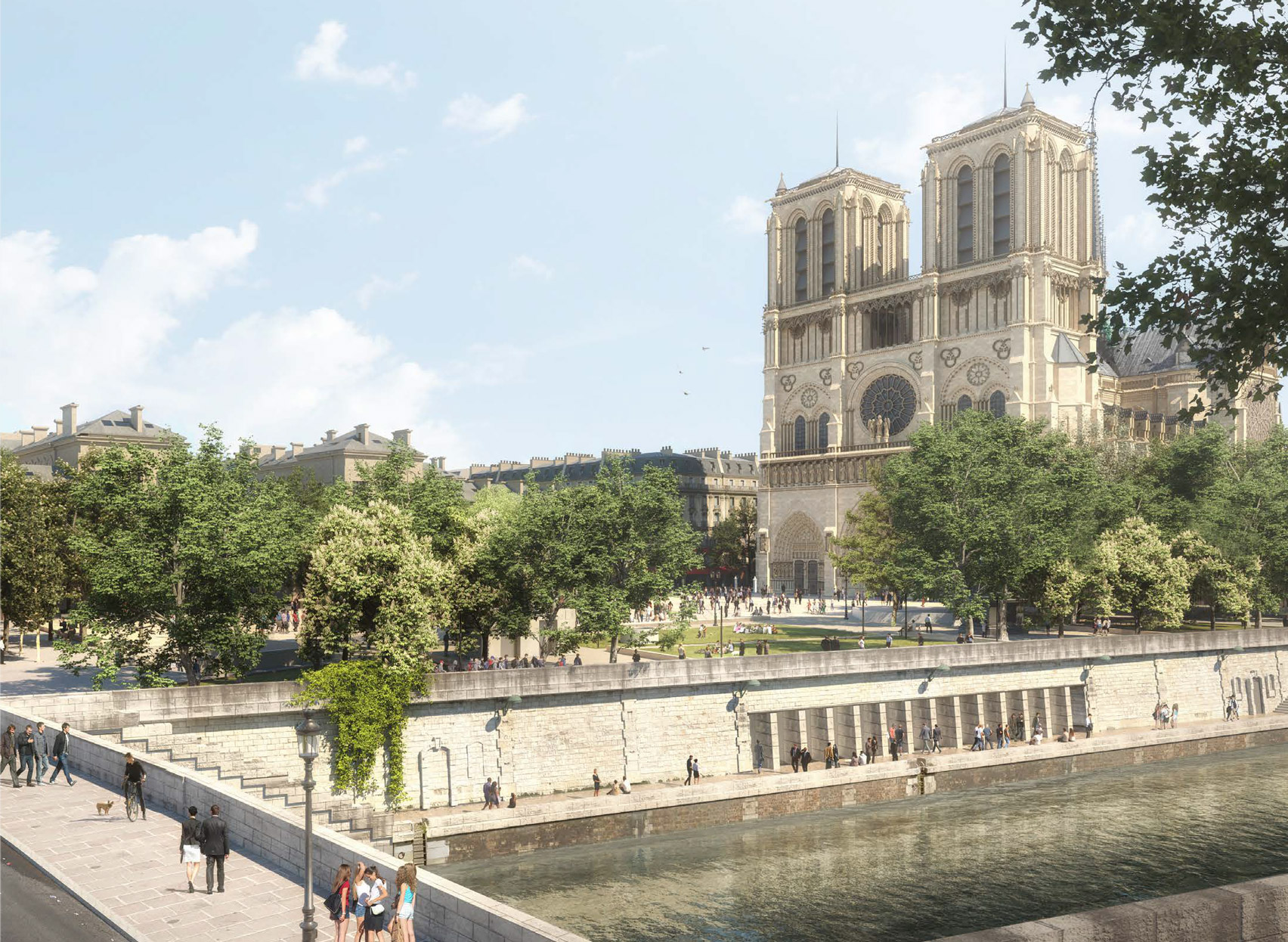 Render of Notre-Dame Cathedral and the river Seine