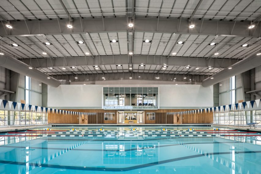Pool in engineered building with skylights