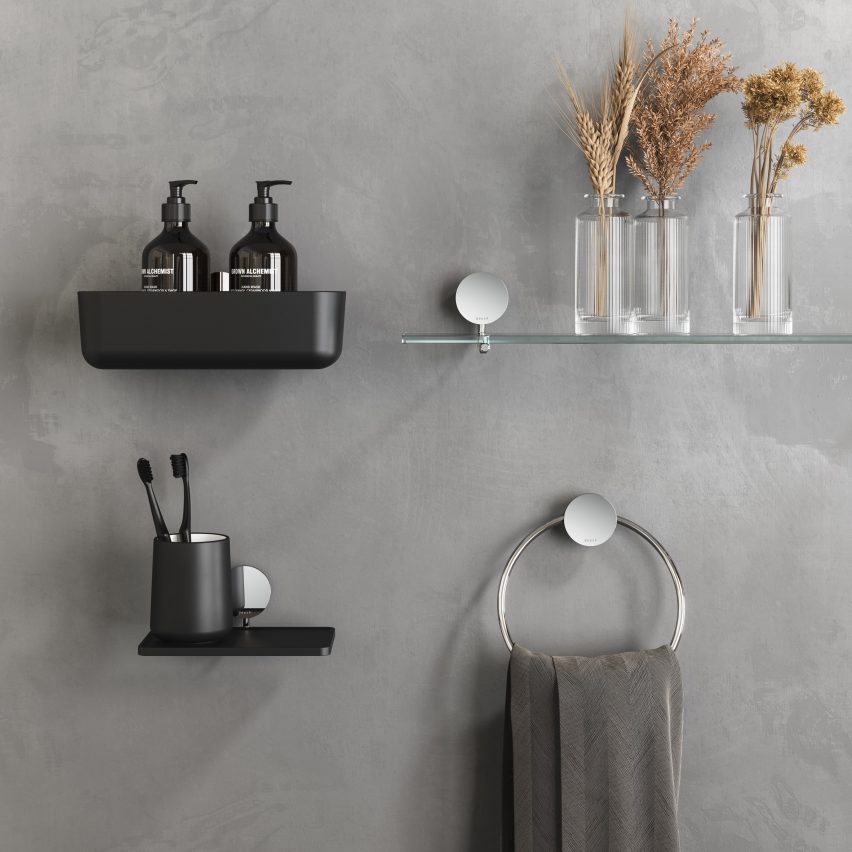 Opal bathroom accessories collection including black shelf, glass shelf, black wall-mounted tub and silver towel ring
