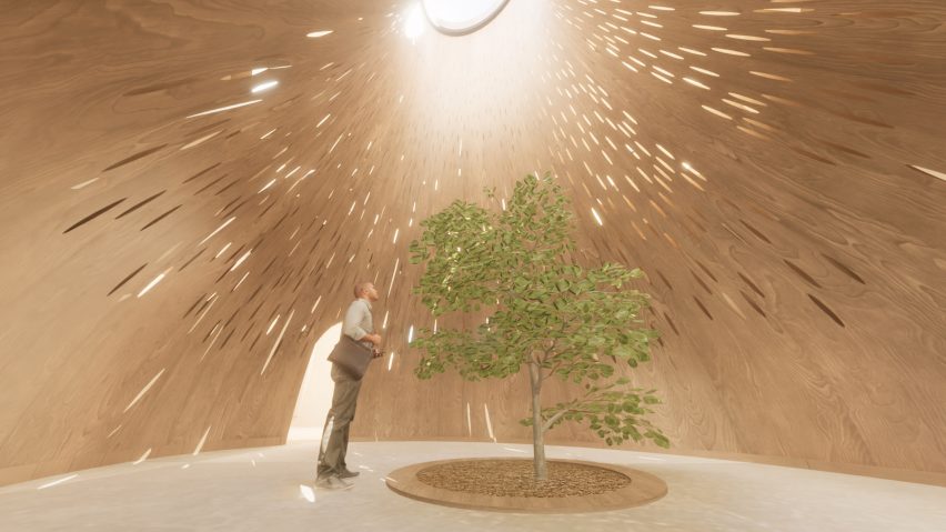 Internal render of room with cutout ceiling and tree in centre
