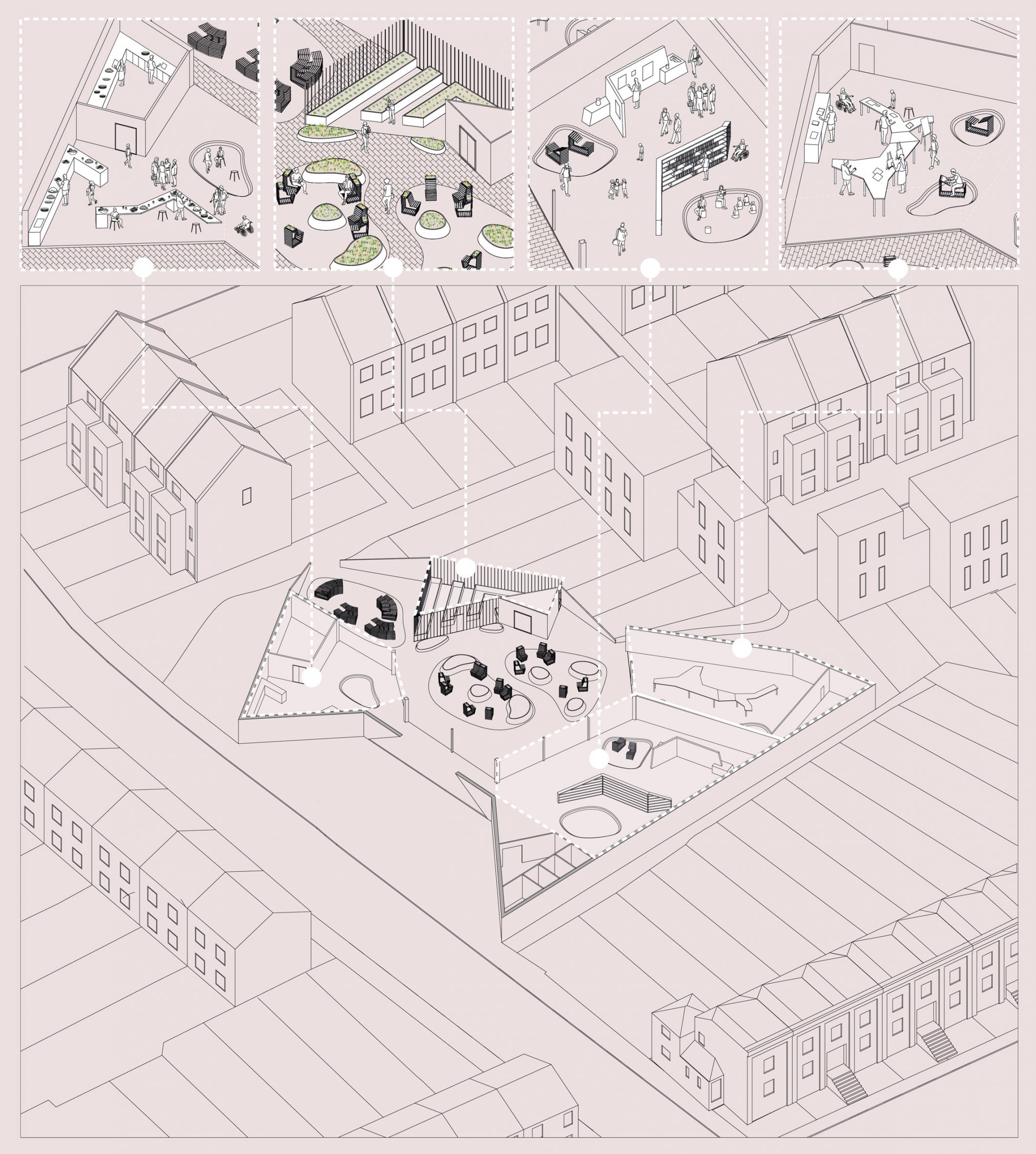 Annotated axonometric line drawing on a pink background by student at Ravensbourne University London