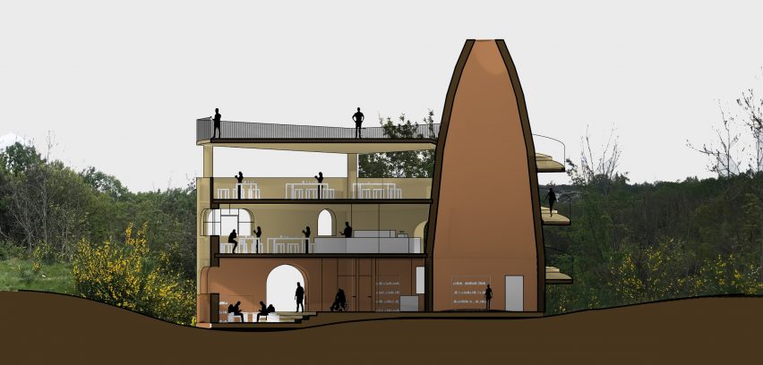 Section drawing is brown interior and grassy background by student at Ravensbourne University London