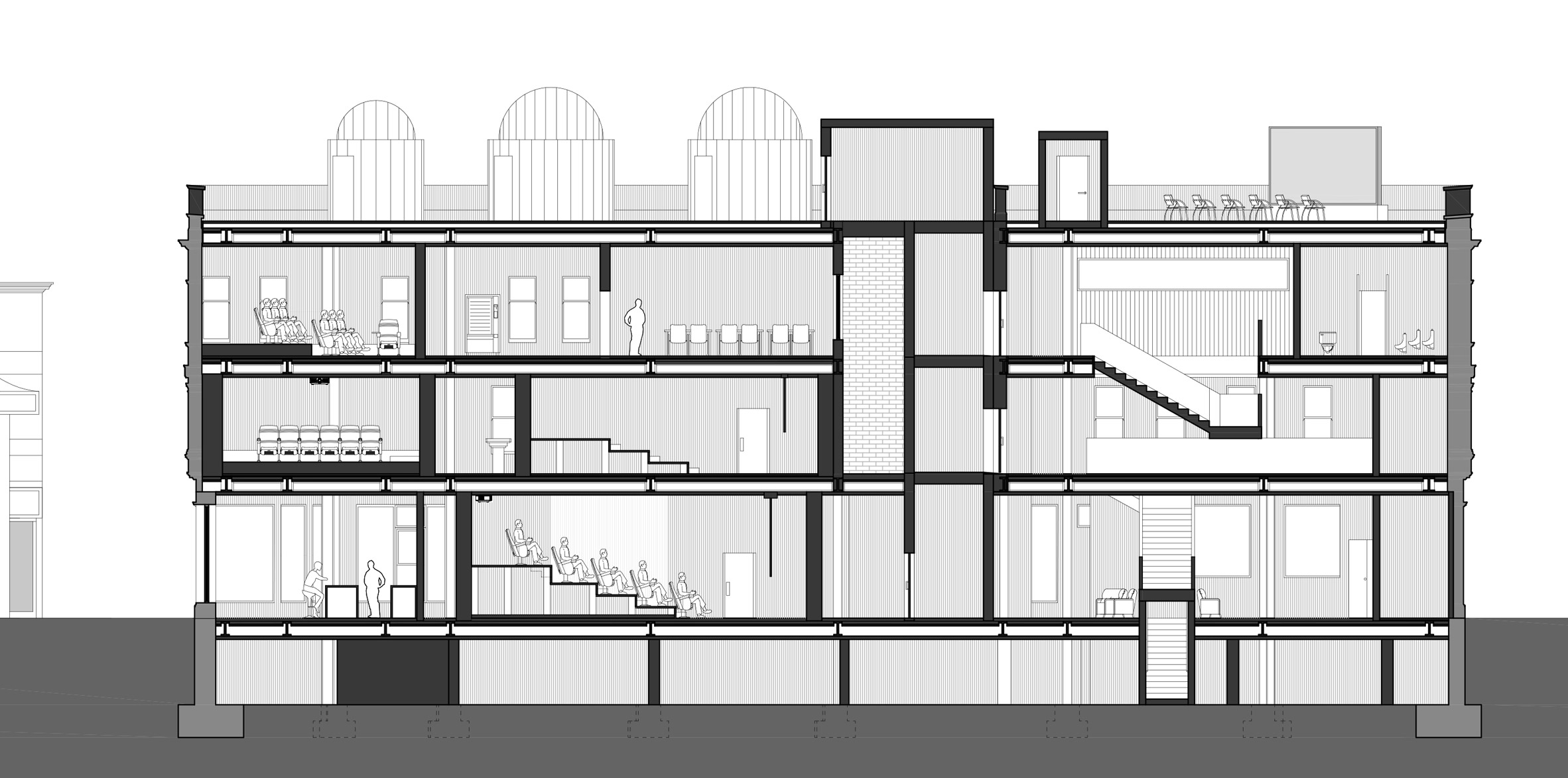 Black and white section drawing of a theatre complex by student at Ravensbourne University London
