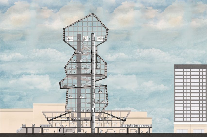 Tower section drawing with blue sky background by student at Ravensbourne University London