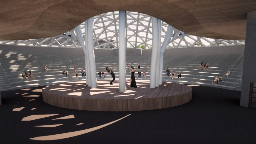 Render of an amphitheatre space with two people singing in the centre circular stage