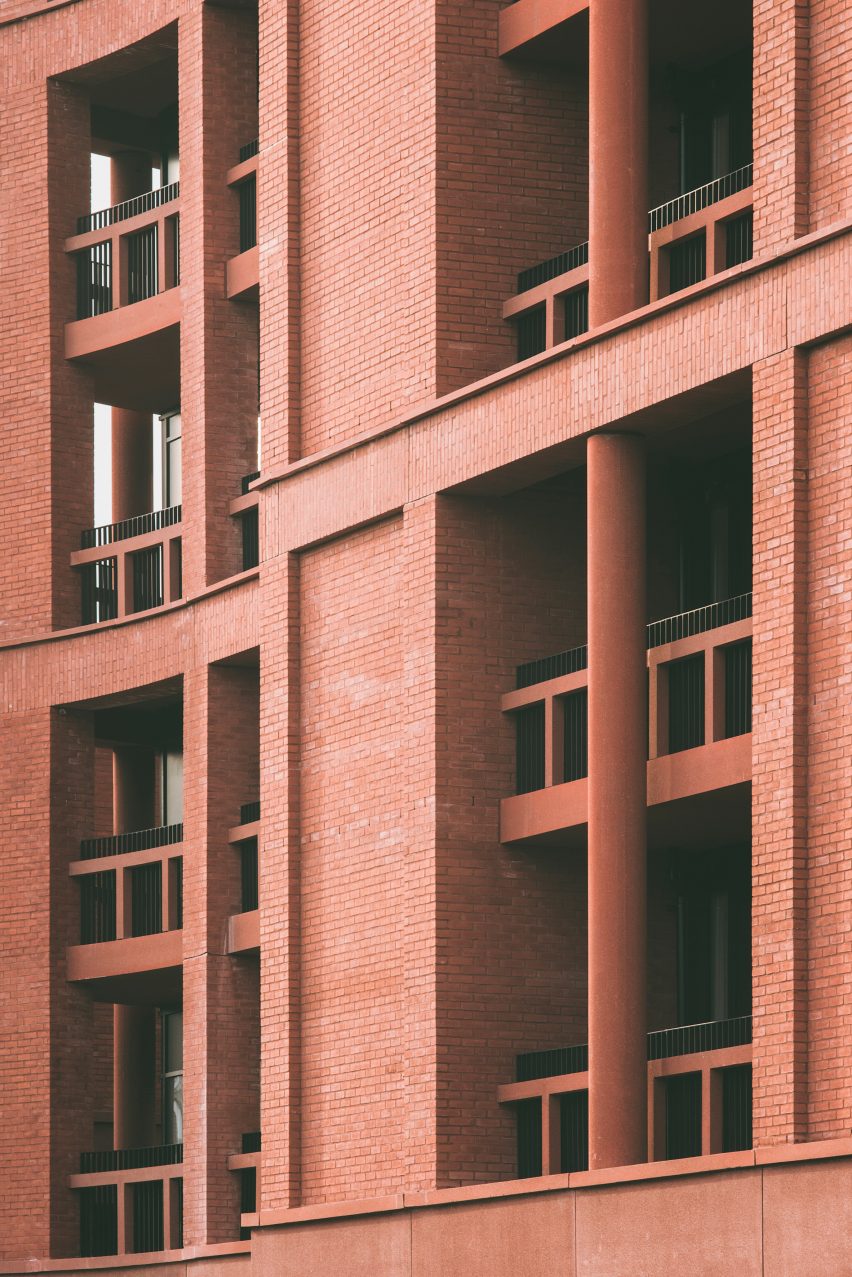 Detail image of the brick facade of 333 Kingsland Road which is shortlisted for the Neave Brown Award for Housing