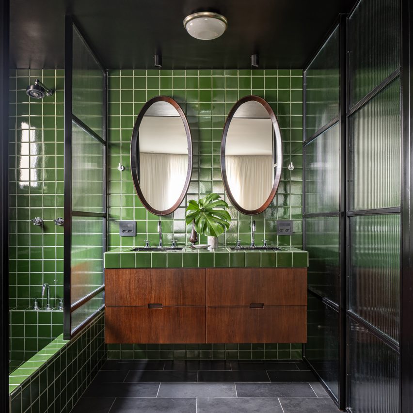 Green-tiled bathroom