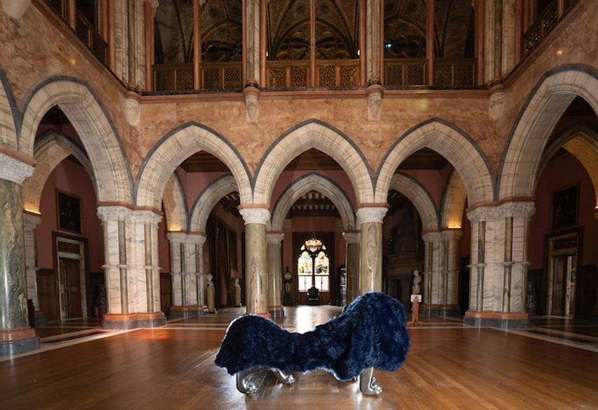 James Rigler's lion-shaped bench covered in blue faux fur with silver legs