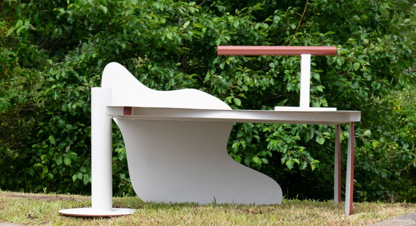 Abstract white and red scrap metal bench by Scottish designer