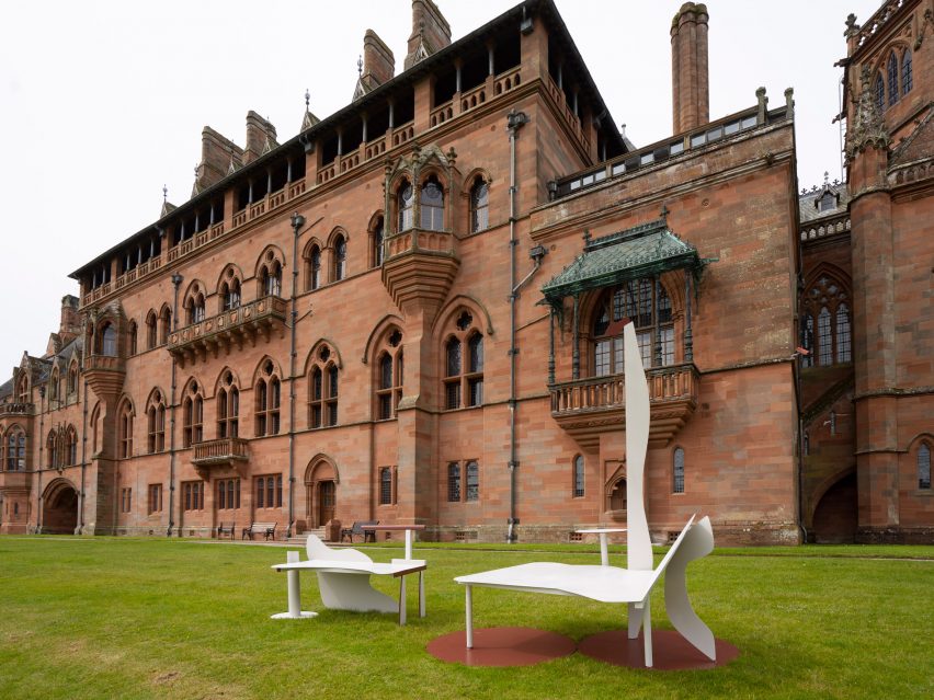Abstract scrap metal bench by Scottish designer C.A. Walac in front of Mount Stuart for Sitting Pretty exhibition