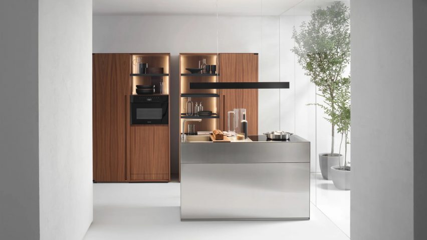 Small Living Kitchens storage units in wood veneer and stainless steel kitchen island