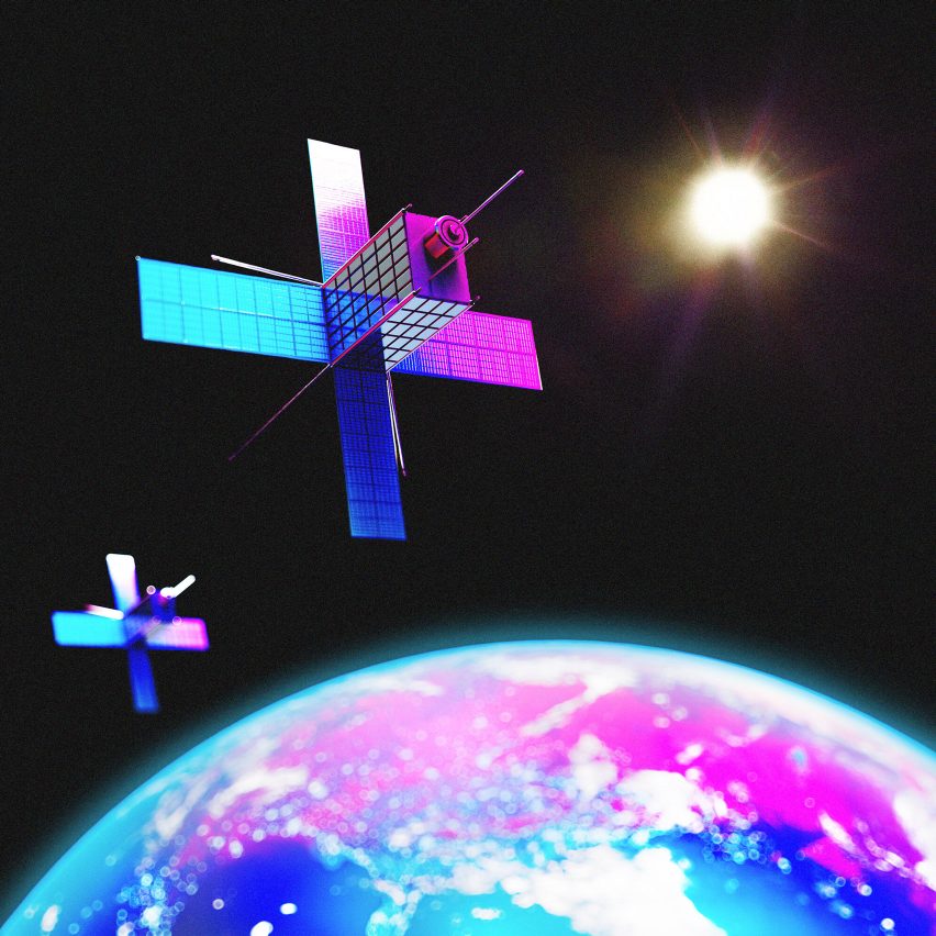A cross shaped satellite above earth