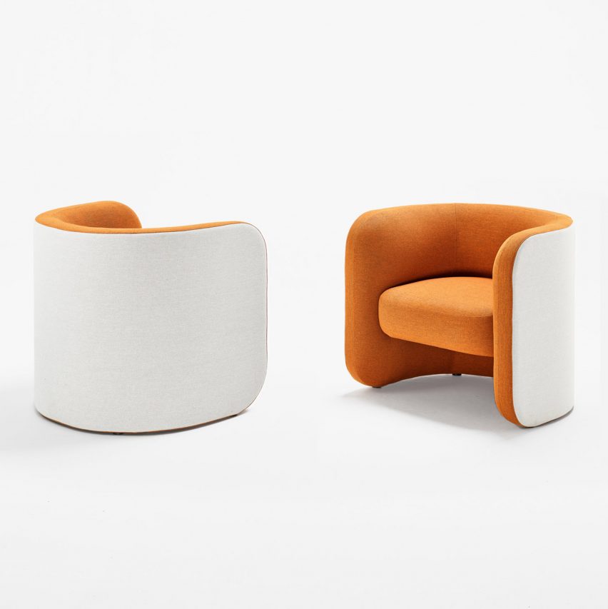 Two Biggie chairs by Derlot with white and orange upholstery