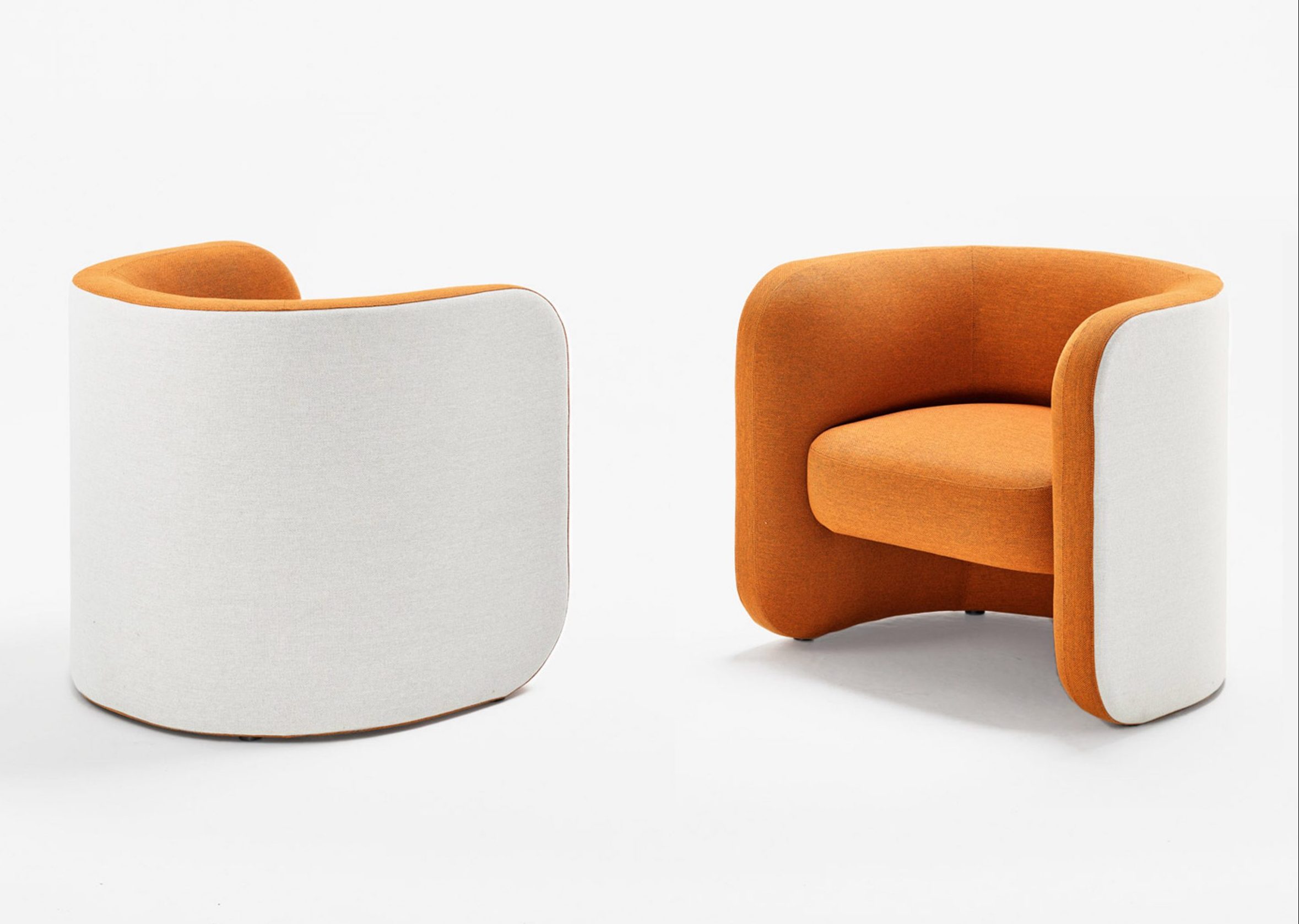 Two Biggie chairs by Derlot with white and orange upholstery