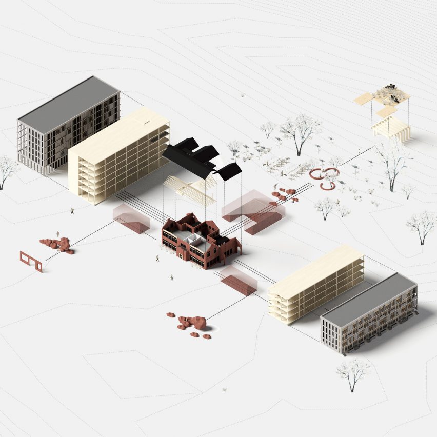 Isometric 3D model of five building with centre building exploded in layers