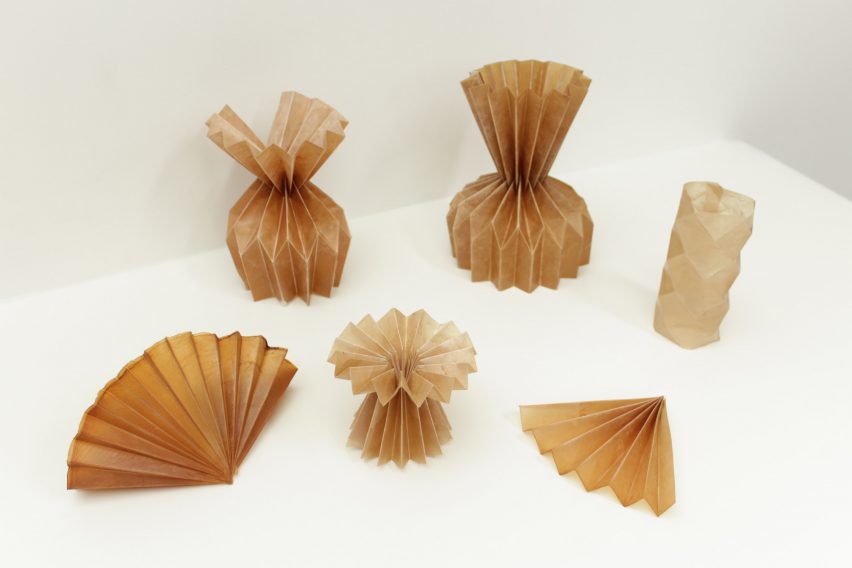 Biodegradable sheets of a material created by Lionne van Deursen are folded into shapes