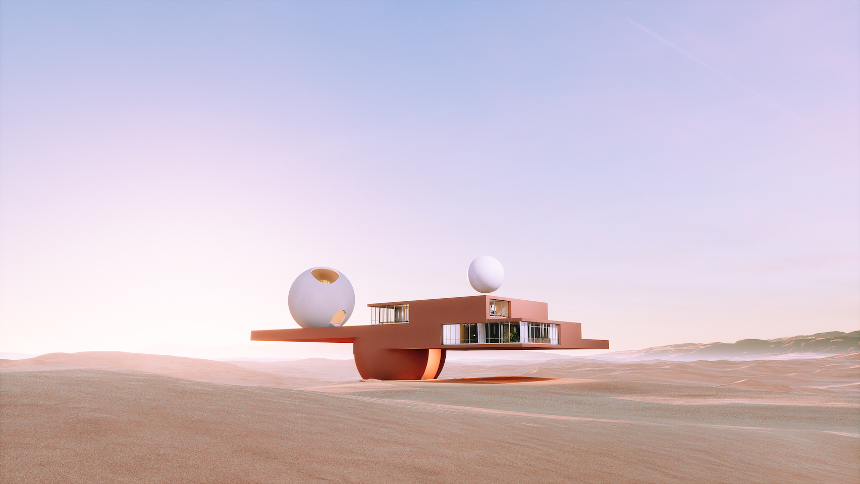 A cantilevered peach-coloured house in the metaverse