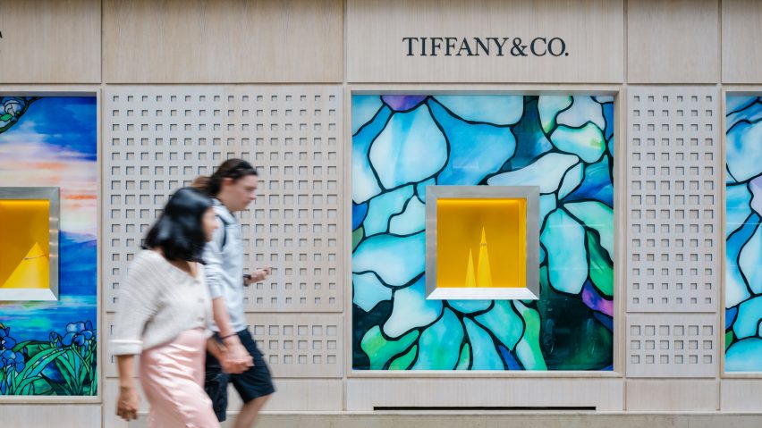 Exterior of Tiffany pop-up shop in Paris by OMA with stained-glass effect