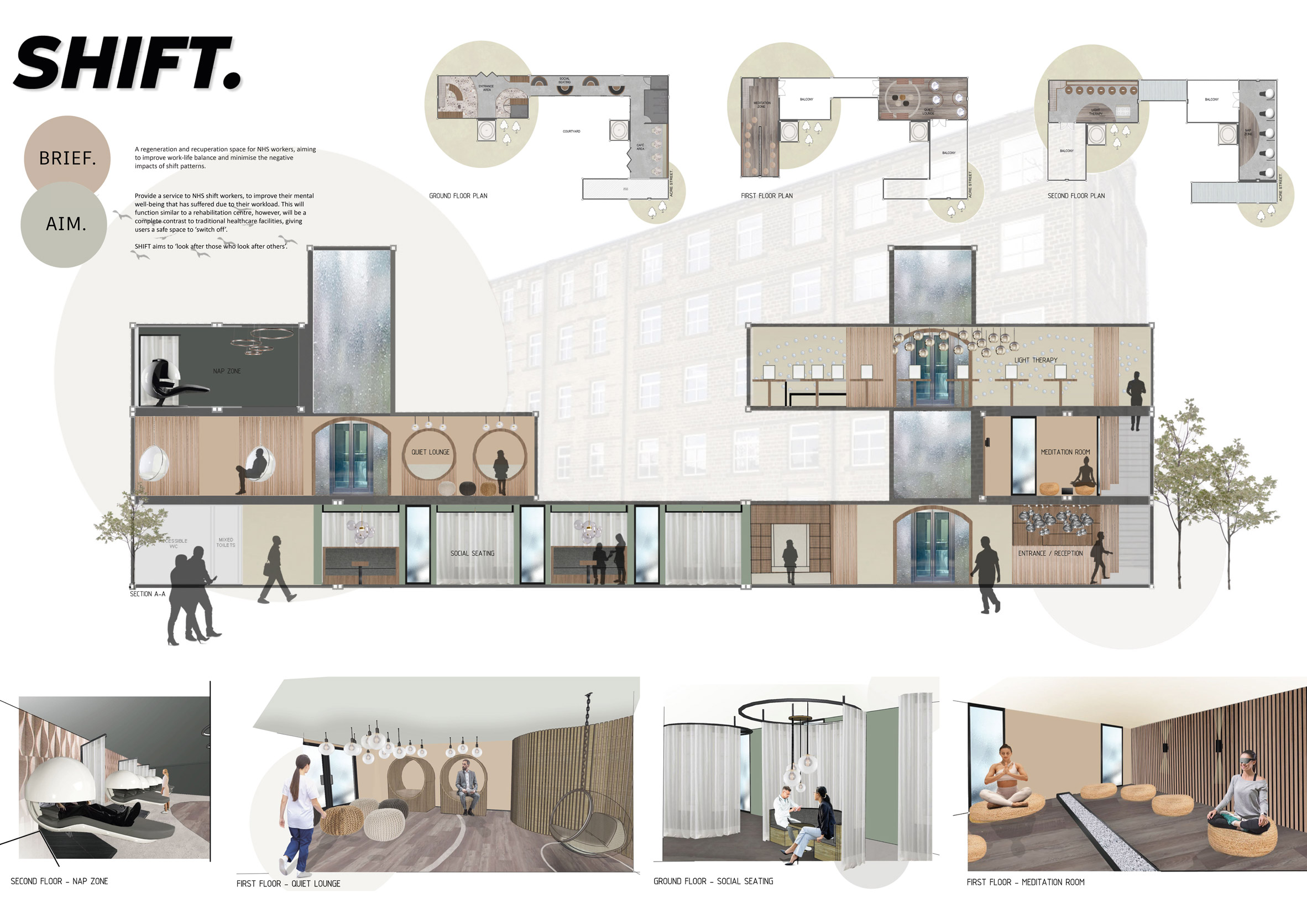 Rendered section and interior perspectives by student at The University of Huddersfield