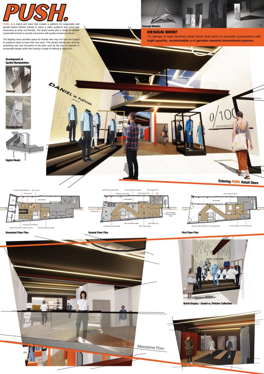 Collage renders and plans of a retail space by student at The University of Huddersfield