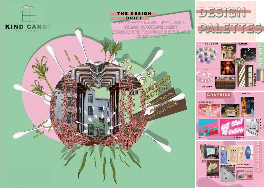Green and pink presentation board for a candy shop design by a student at The University of Huddersfield