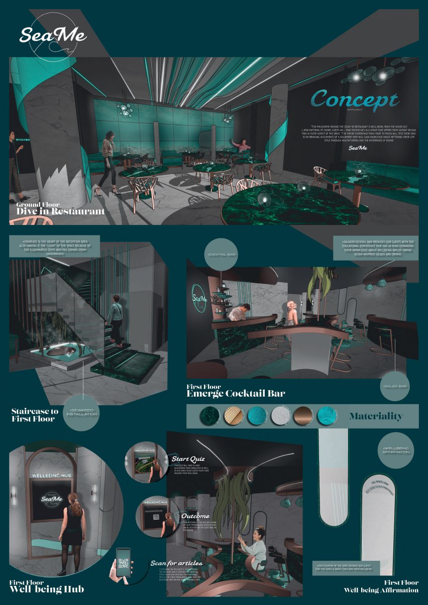 Interior renders of a dark green restaurant space by a student at The University of Huddersfield