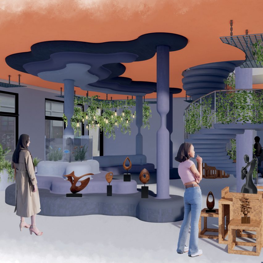 Rendered interior of a space with curved concrete furniture by Rebeka But of the University of Huddersfield